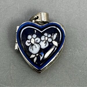 Vintage Michaela Frey Heart Shape Locket Blue White Floral Silver Tone Pendant
